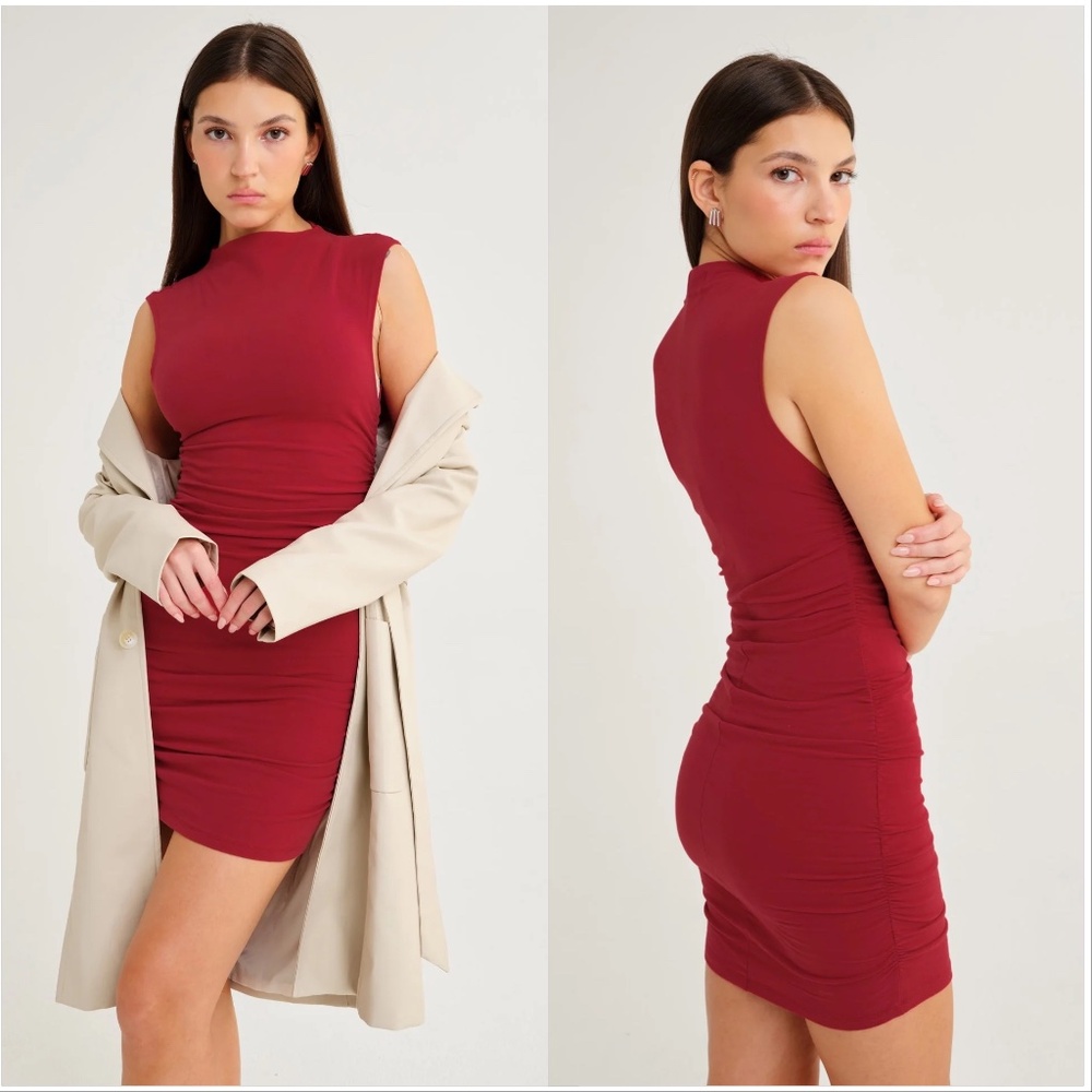 Rumored Minimalist Mini Dress XS Red Ruched 100% Cotton natural fibers